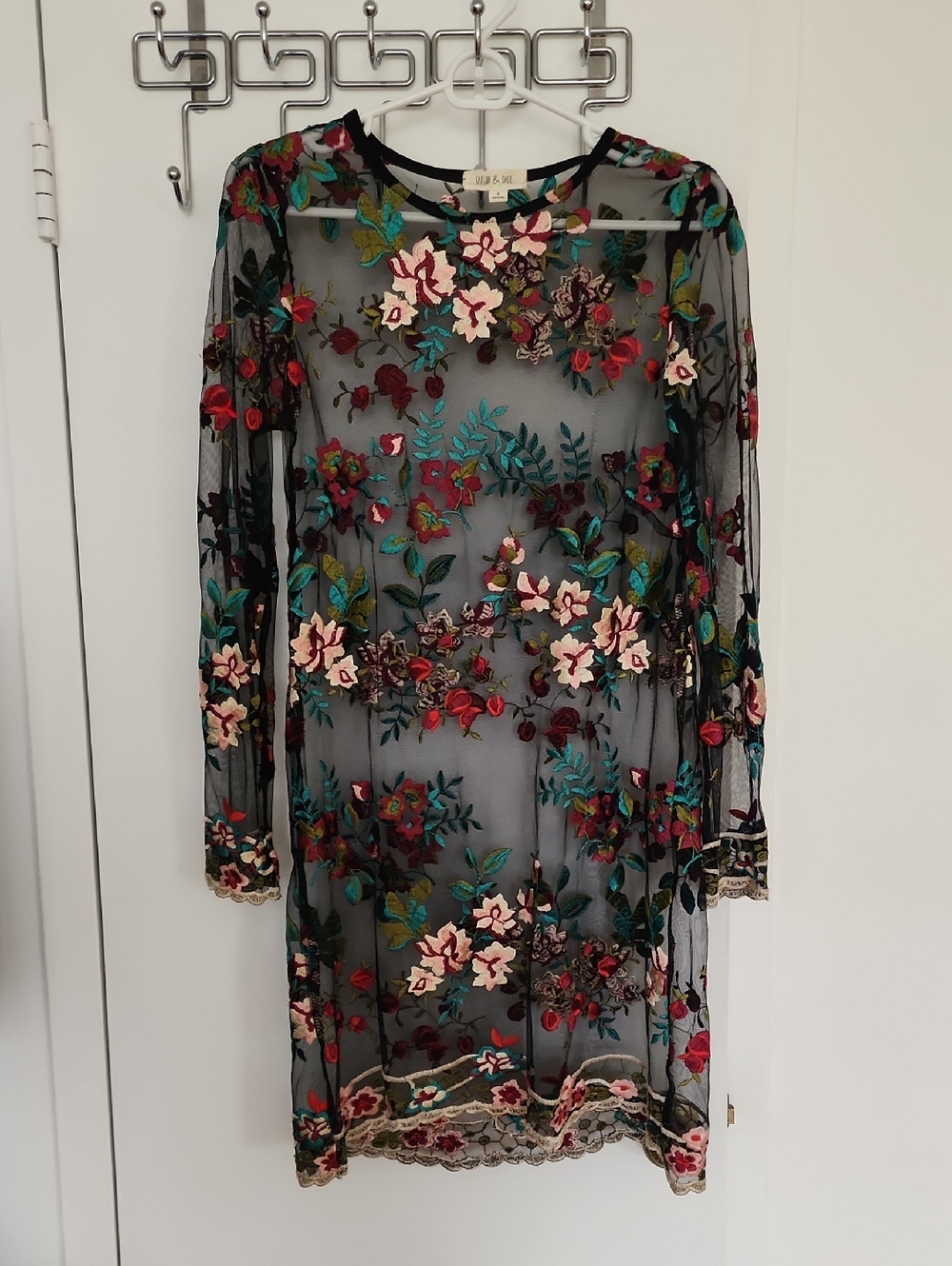 Taylor & Sage Black Sheer Long Sleeve Dress with Multicolor Floral Embroidery